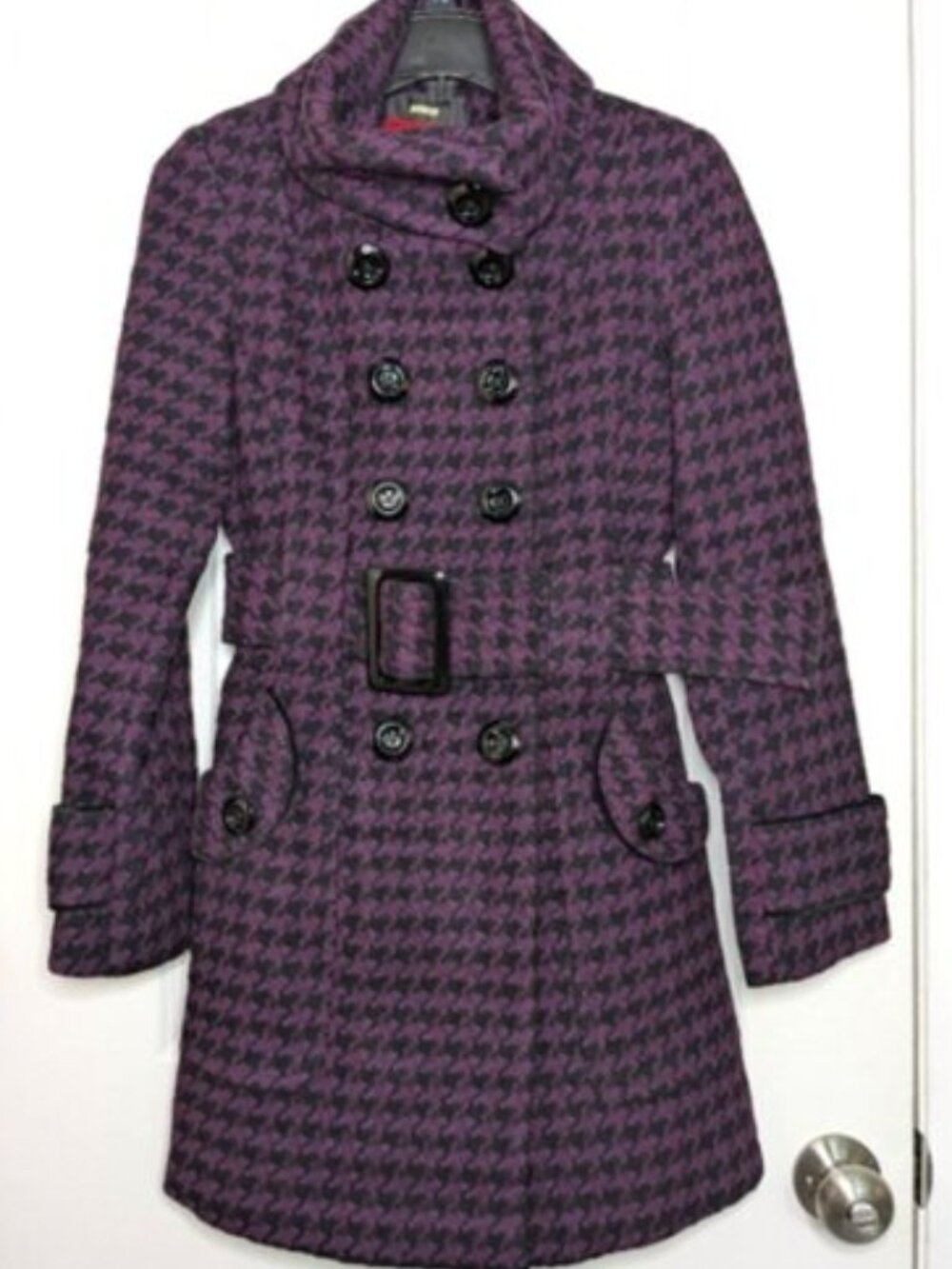 Miss Sixty Dark Purple Houndstooth Pea Coat Belted
